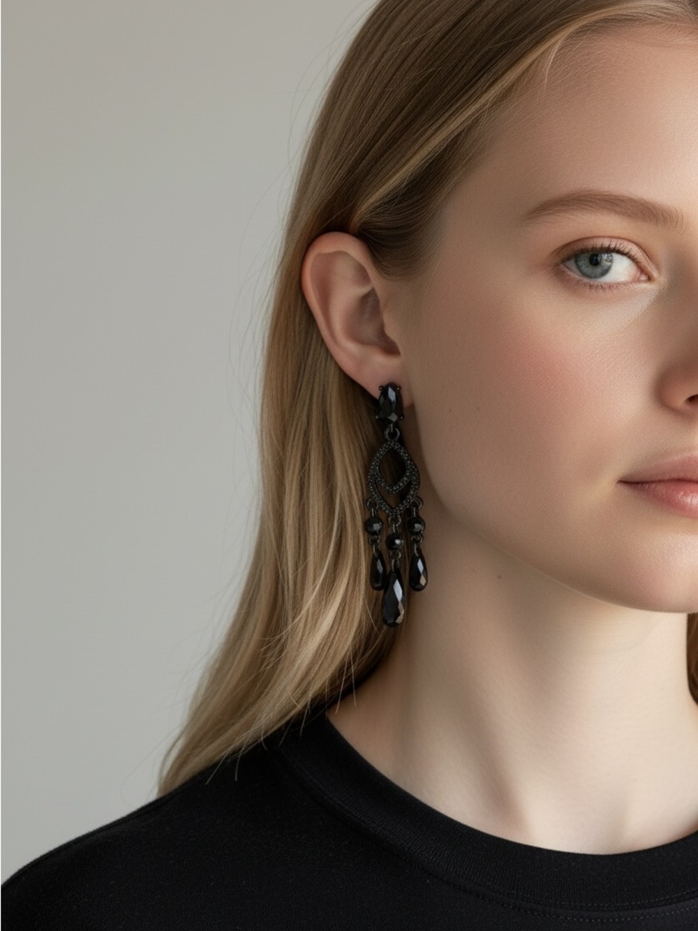 9/24 Ralph Lauren Black Crystal Teardrop Chandelier Earrings